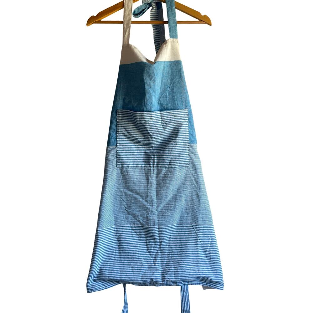 Woven Cotton Kitchen Apron Blue White Striped One Size L/XL